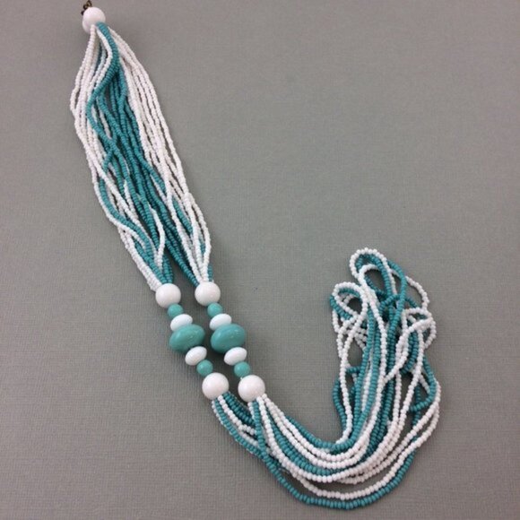 Blue and White Multi Strand Beaded Necklace with Metal Striped Bangle Bracelet - Picture 8 of 12